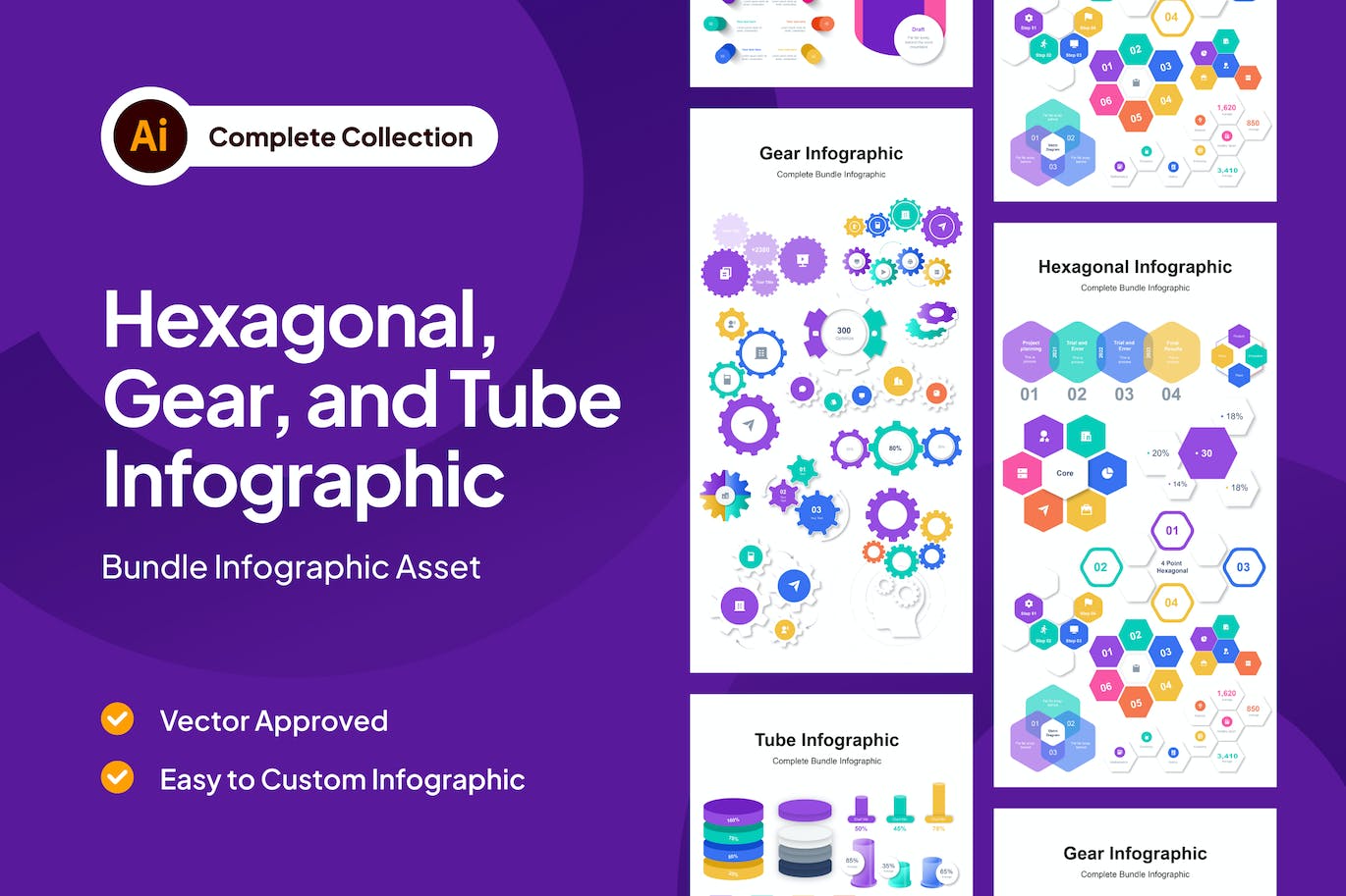 六角形、齿轮和管状信息图表素材 Hexagonal, Gear, & Tube Infographic Asset APP UI sucaiwan.com