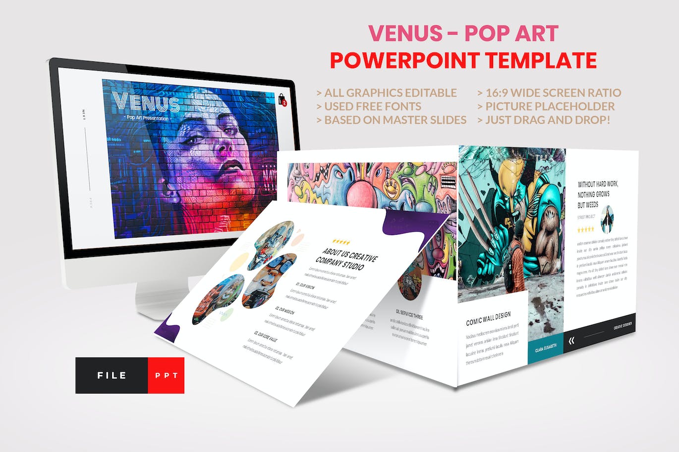 波普艺术创意PPT演示幻灯片模板 Pop Art – Creative PowerPoint Template 幻灯图表 sucaiwan.com