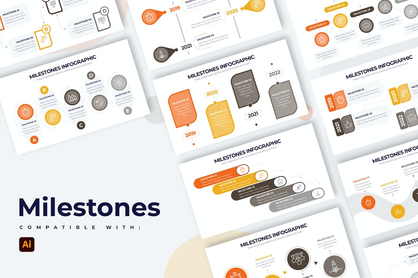 里程碑时间轴信息图表矢量模板 Business Milestone Illustrator Infographics 幻灯图表 sucaiwan.com