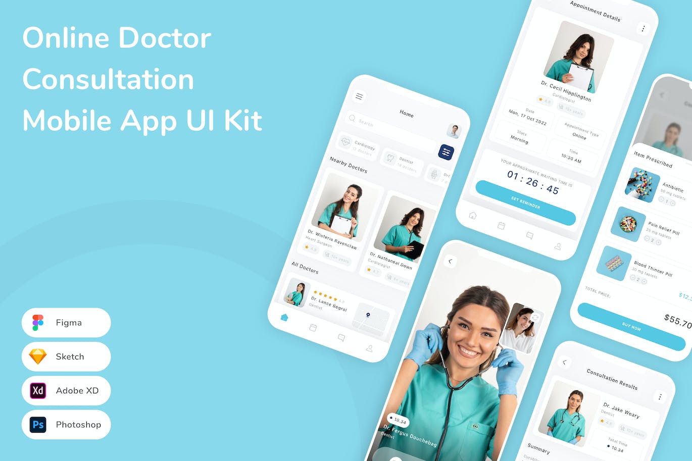 在线医生咨询App应用程序UI设计模板套件 Online Doctor Consultation Mobile App UI Kit APP UI sucaiwan.com