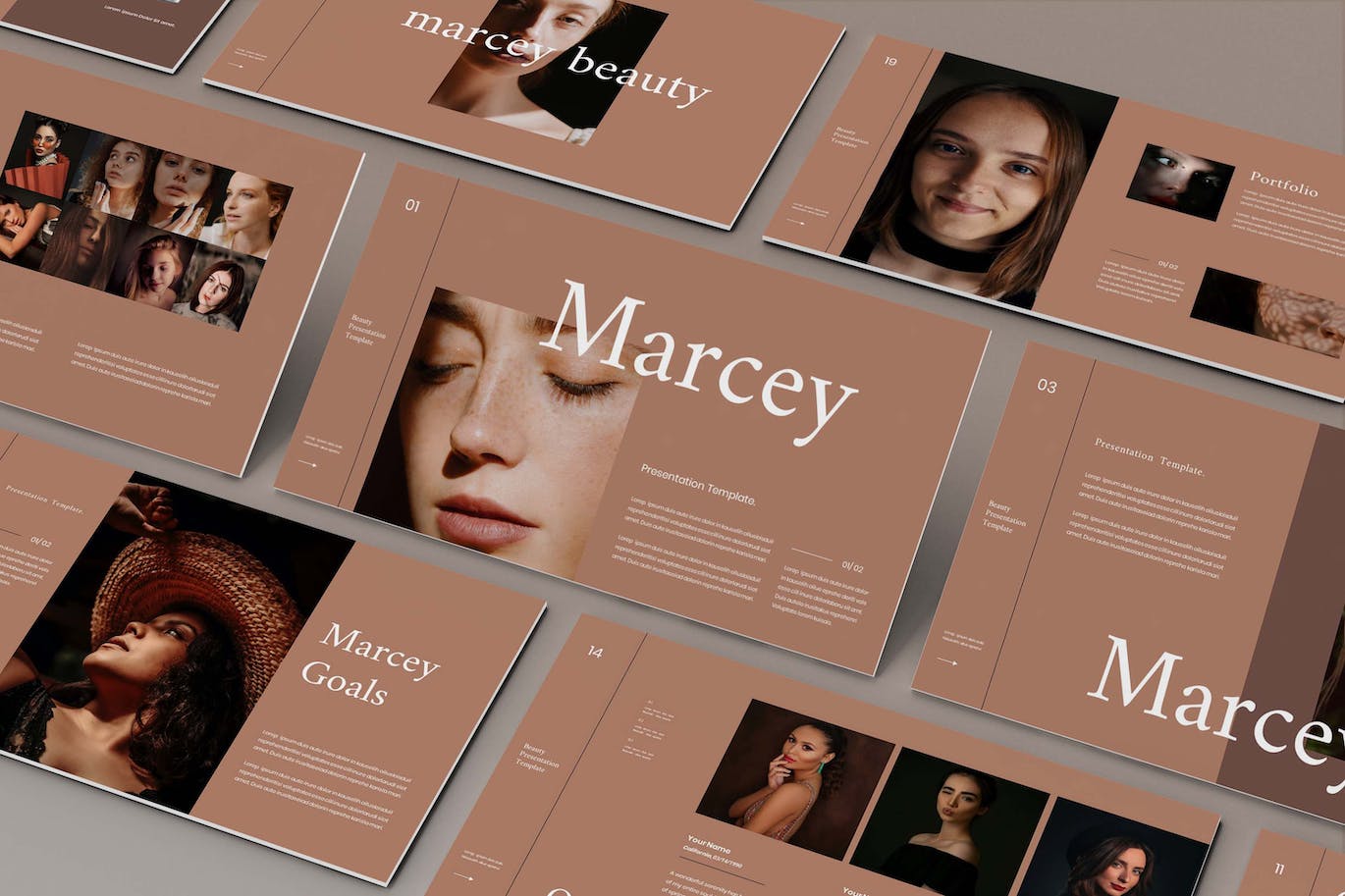 咖啡色美容品牌PPT设计模板 Marcey – Business Presentation PowerPoint Template 幻灯图表 sucaiwan.com