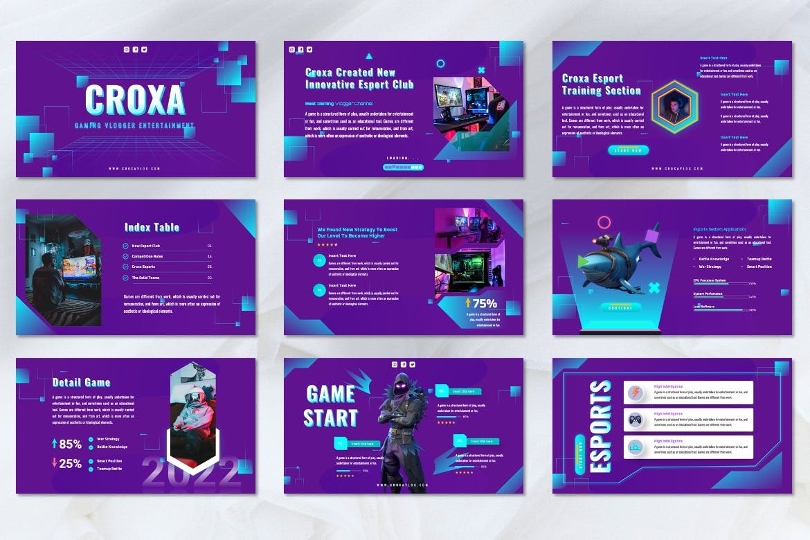 游戏电子竞技PPT模板下载 Croxa – Gaming Esports Powerpoint Template 幻灯图表 sucaiwan.com