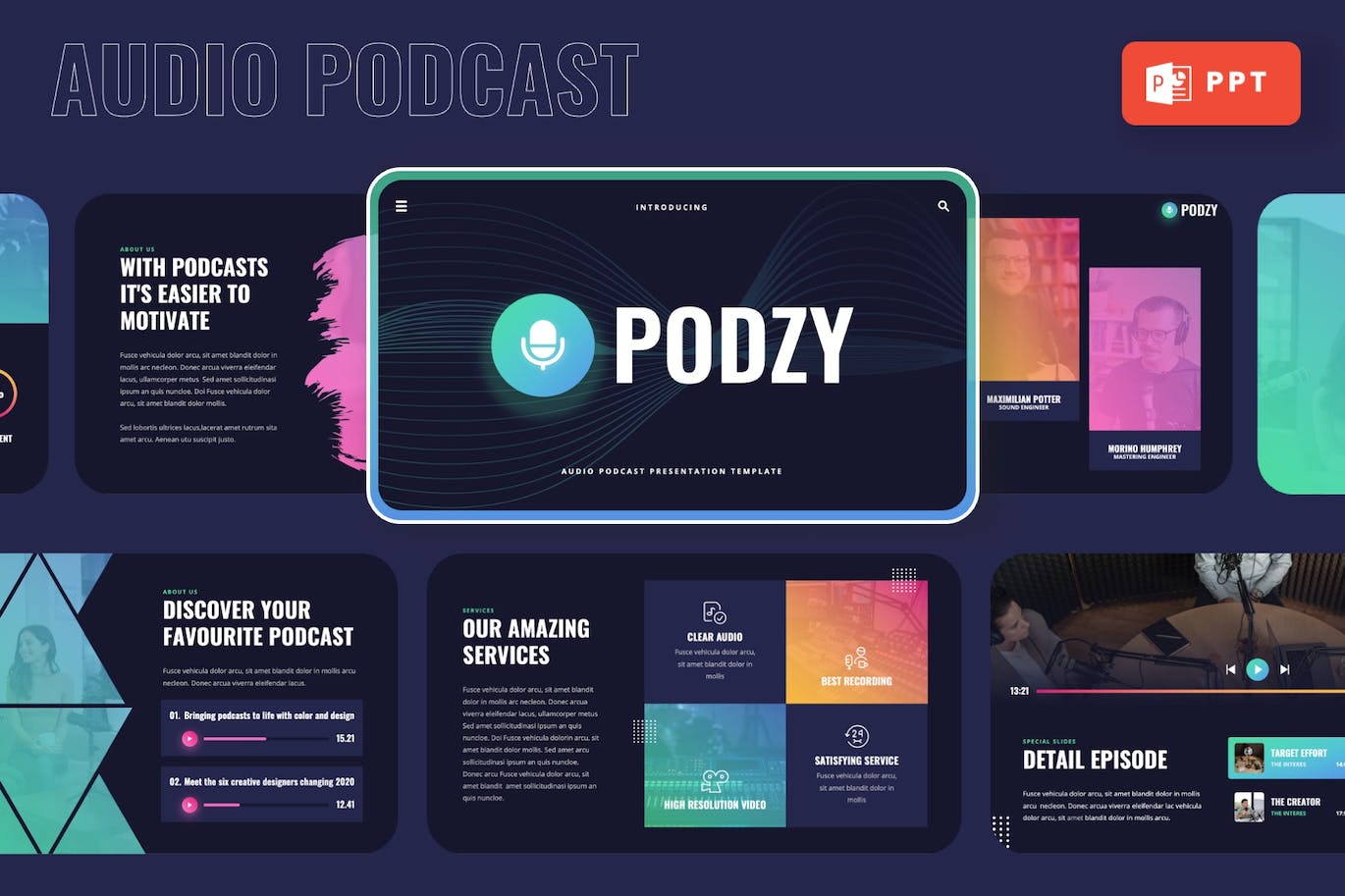 音频播客PPT模板 PODZY – Audio Podcast Powerpoint Template 幻灯图表 sucaiwan.com