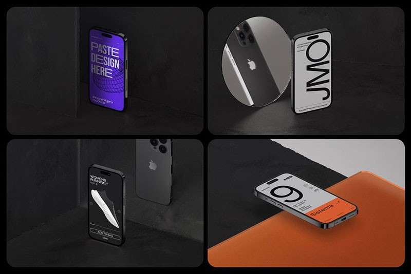 iPhone14 Pro手机暗色场景样机模板PSD 样机素材 sucaiwan.com