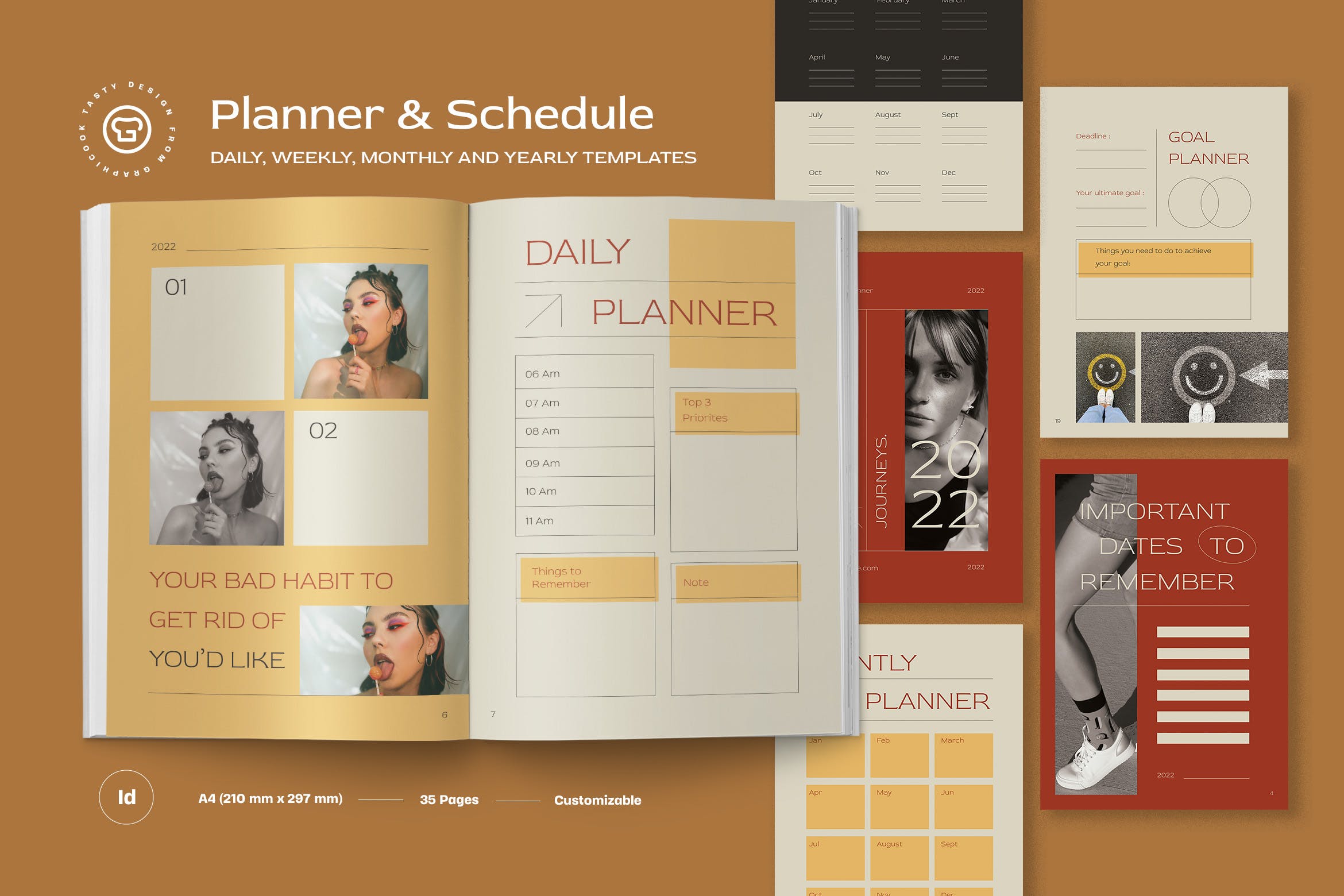 学年度期刊和计划表杂志模板 Aesthetic Yearly Journal and Planner Schedule 幻灯图表 sucaiwan.com