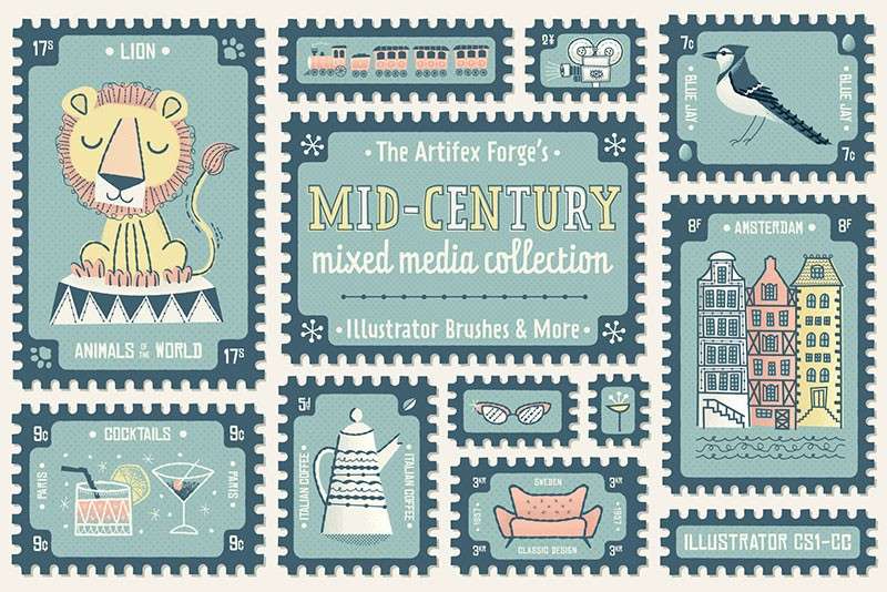 邮票卡通轮廓线和填充纹理AI笔刷 笔刷资源 sucaiwan.com