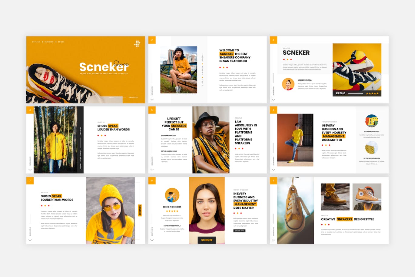 运动鞋品牌PPT幻灯片模板素材 Scneker – Shoes And Sneakers PowerPoint Template 幻灯图表 sucaiwan.com