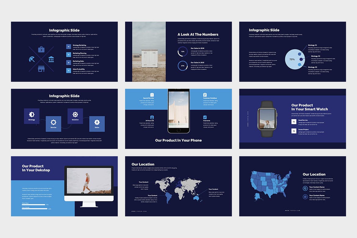 创意蓝色商业PPT演示幻灯片模板 Fovea : Creative Blue Powerpoint Template APP UI sucaiwan.com
