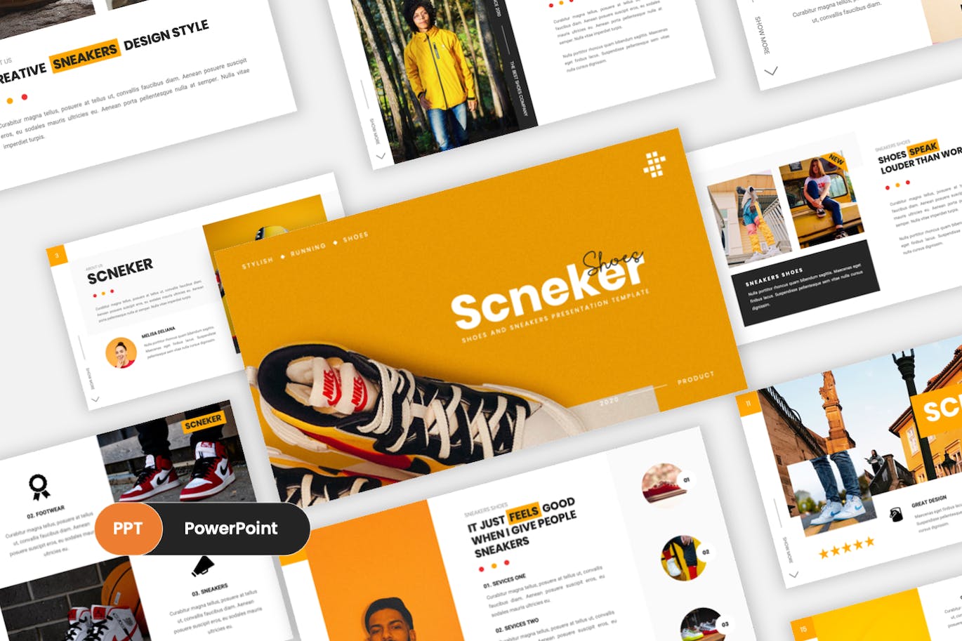 运动鞋品牌PPT幻灯片模板素材 Scneker – Shoes And Sneakers PowerPoint Template 幻灯图表 sucaiwan.com