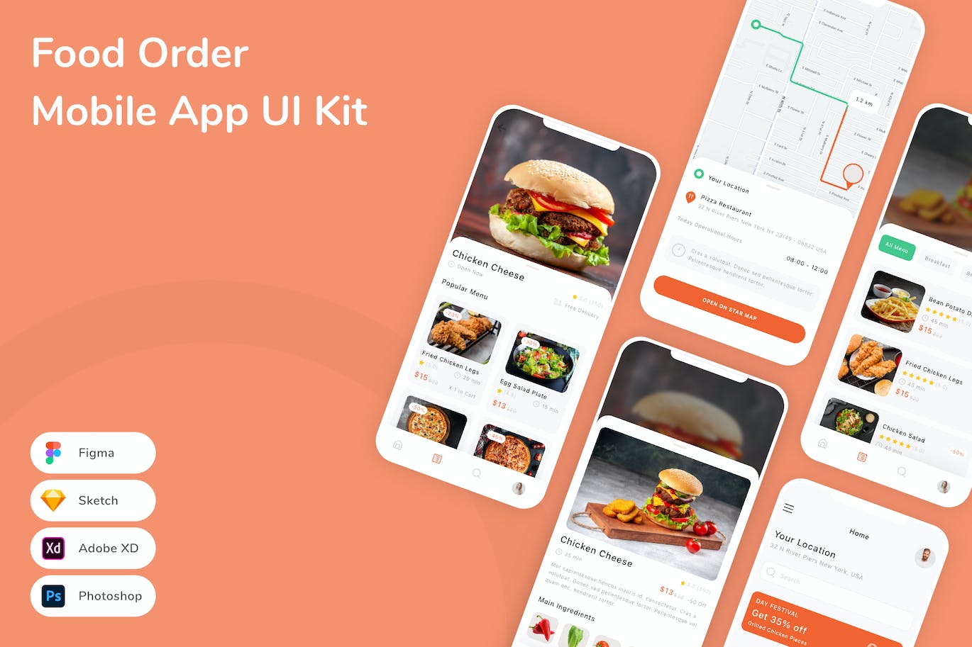 食品订单配送App应用程序UI设计模板套件 Food Order Mobile App UI Kit APP UI sucaiwan.com