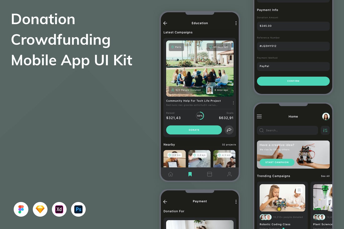 捐赠众筹移动应用程序App设计UI模板 Donation & Crowdfunding Mobile App UI Kit APP UI sucaiwan.com