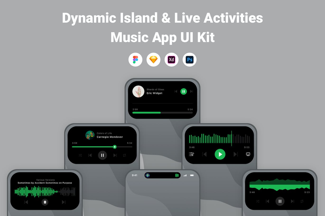 音乐应用App灵动岛UI模板套件 Dynamic Island & Live Activities Music App UI Kit APP UI 第1张-素材湾丨精选海外优质设计素材资源 音乐应用App灵动岛UI模板套件 Dynamic Island & Live Activities Music App UI Kit APP UI sucaiwan.com