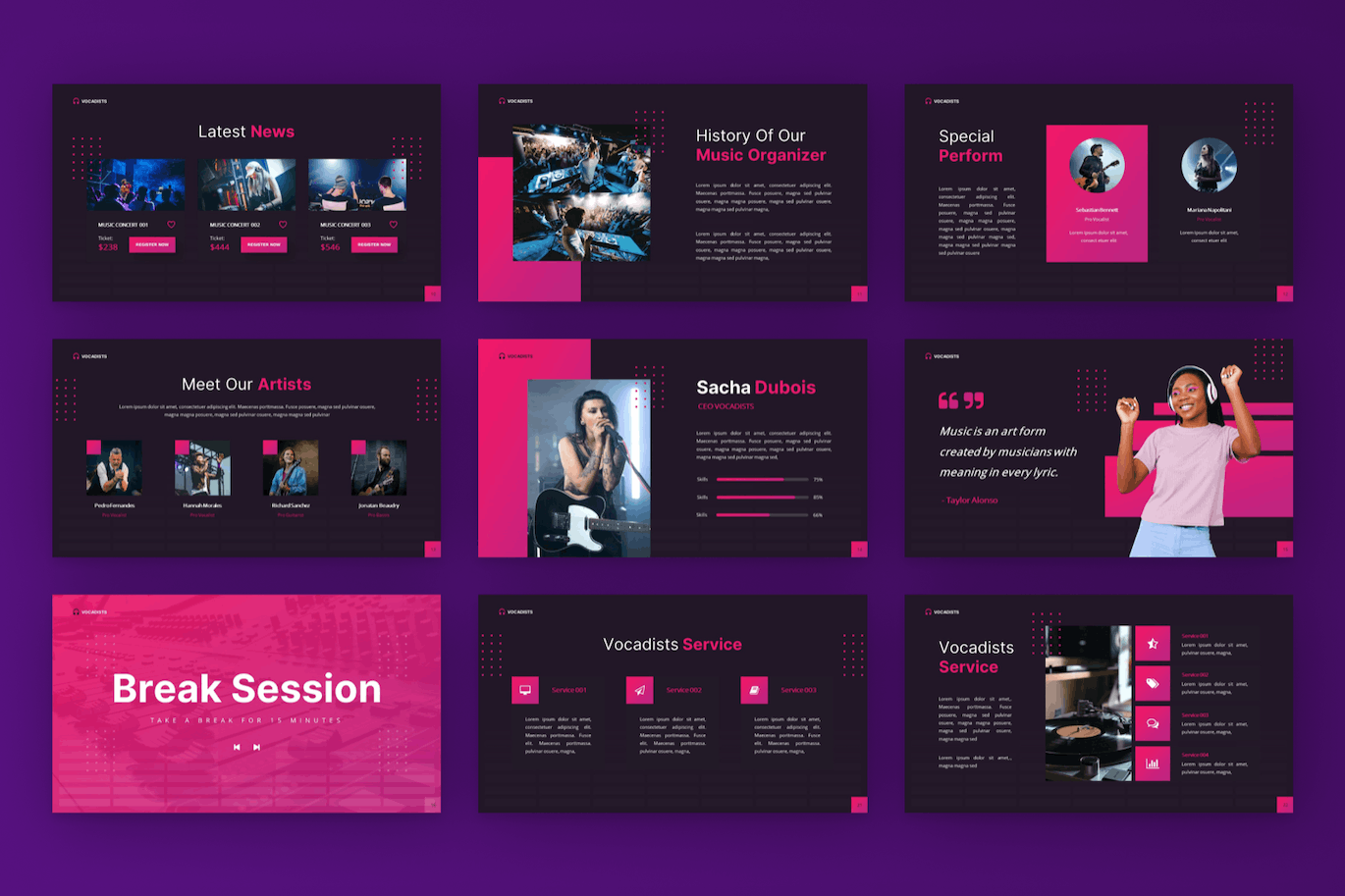 音乐团队和工作室PPT幻灯片模板 Vocadists – Music Organizer & Studio Powerpoint 幻灯图表 sucaiwan.com