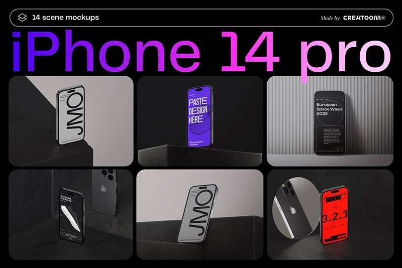 iPhone14 Pro手机暗色场景样机模板PSD 样机素材 sucaiwan.com