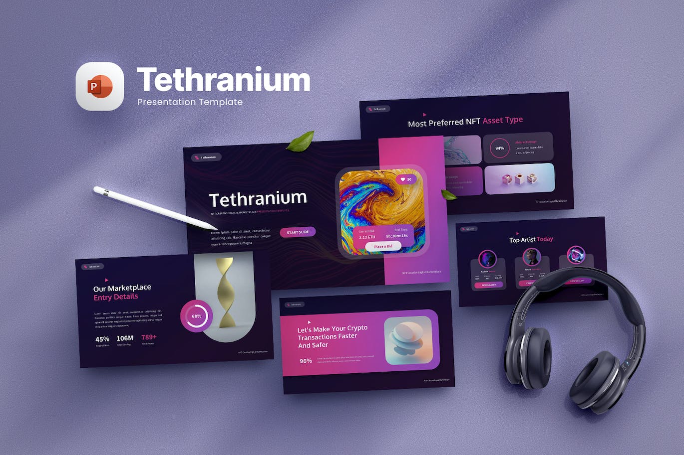 NFT创意数字市场PPT幻灯片模板下载 Tethranium – NFT Creative Powerpoint Template 幻灯图表 sucaiwan.com