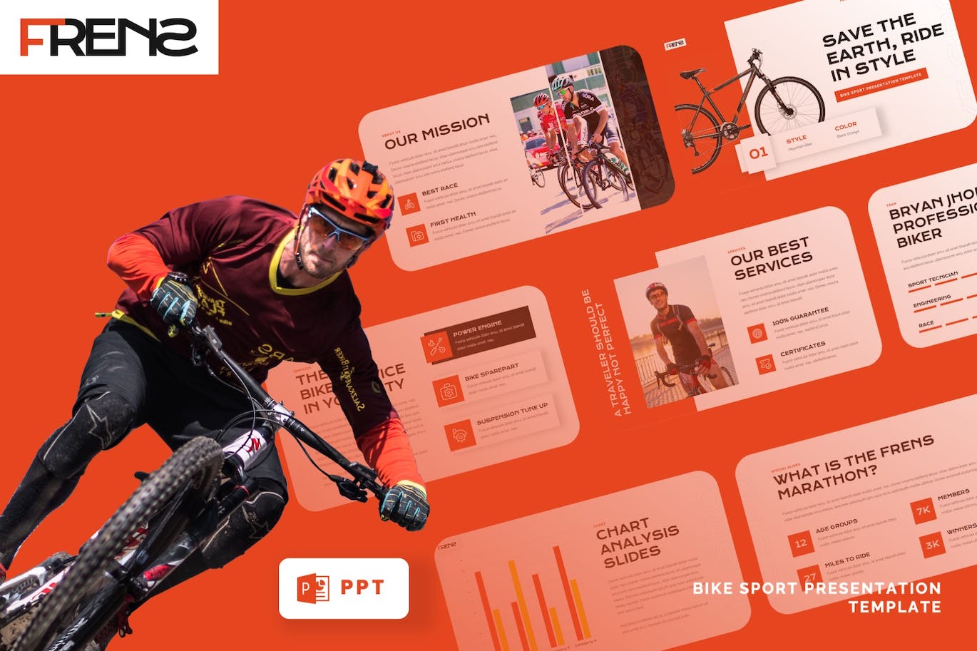 自行车运动PPT幻灯片模板 FRENS – Bike Sport Powerpoint Template 幻灯图表 sucaiwan.com