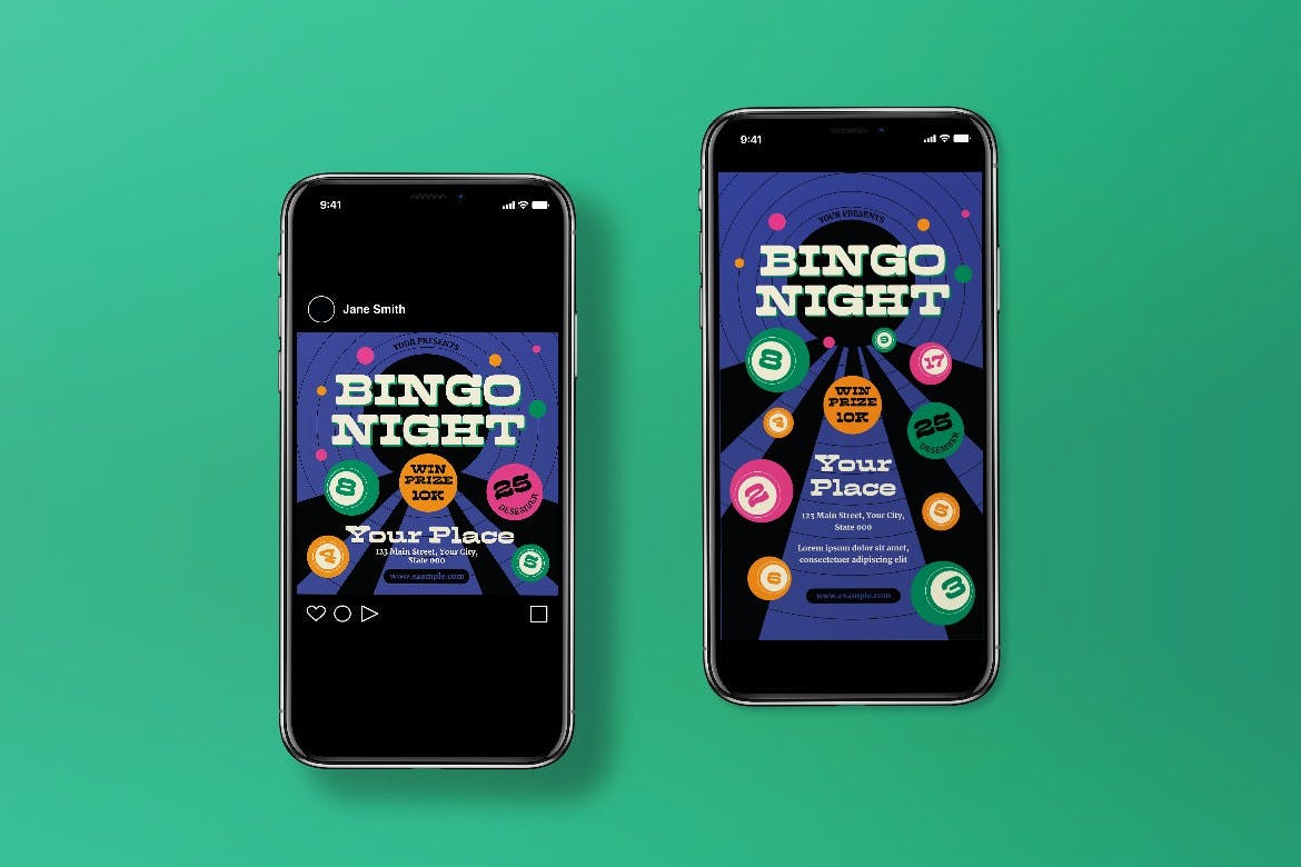 紫色现代宾果之夜宣传单模板 Violet Modern Bingo Night Flyer Set 设计素材 sucaiwan.com