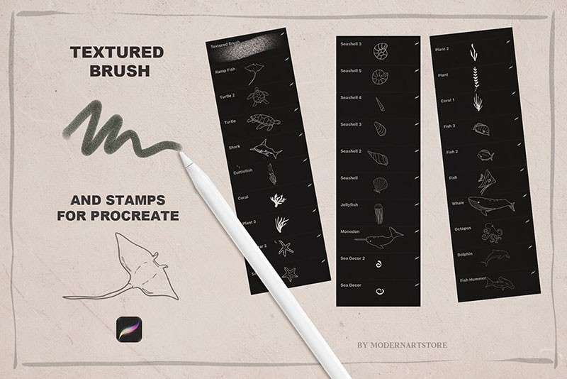 海洋动物卡通线描画Procreate和PS笔刷 笔刷资源 sucaiwan.com
