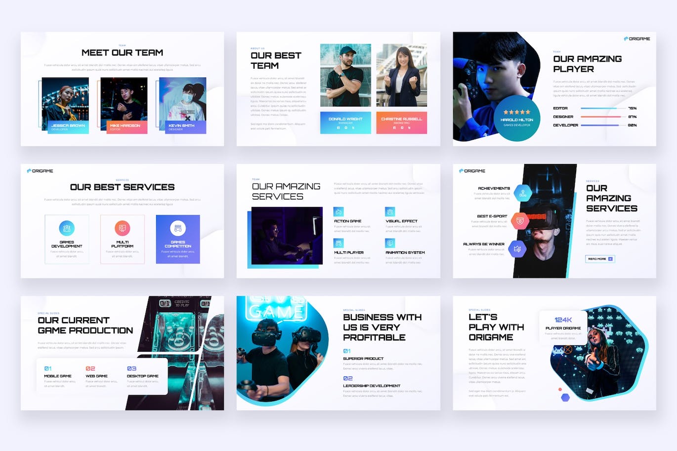 游戏制作工作室PPT模板下载 ORIGAME – Gaming Studio Powerpoint Template 幻灯图表 sucaiwan.com