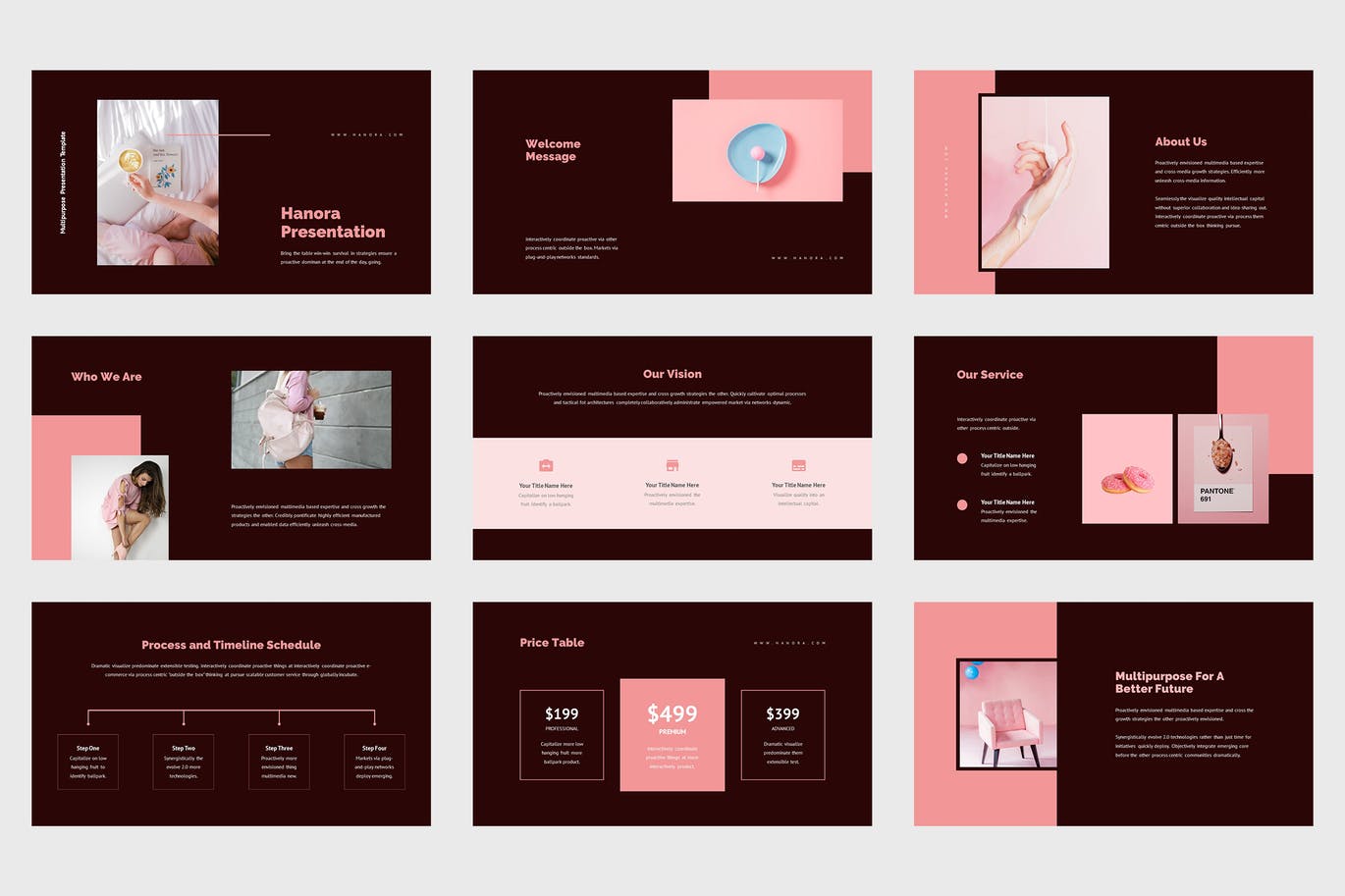 多用途粉色PPT设计模板 Hanora – Multipurposes Pink Powerpoint Template 幻灯图表 sucaiwan.com