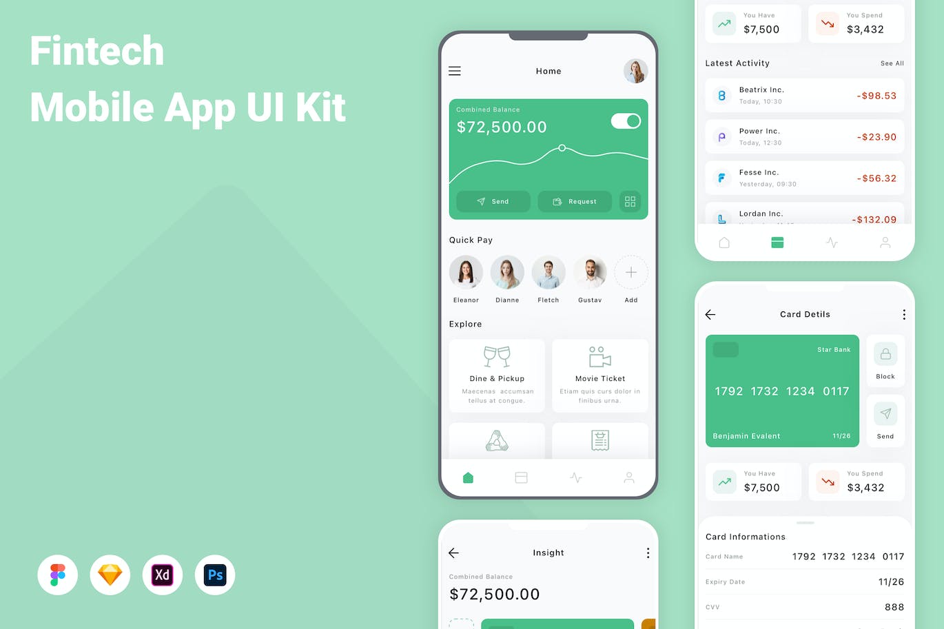 金融科技钱包App手机应用程序UI设计素材 Fintech Mobile App UI Kit APP UI sucaiwan.com