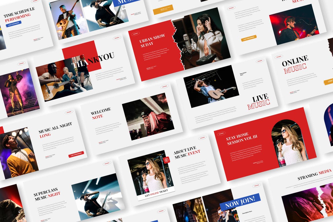 在线音乐活动演示PPT模板 Online Music Event Powerpoint Presentation Template 幻灯图表 sucaiwan.com