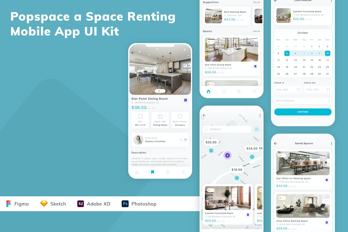办公室租赁App应用程序UI设计模板套件 Popspace a Space Renting Mobile App UI Kit APP UI sucaiwan.com