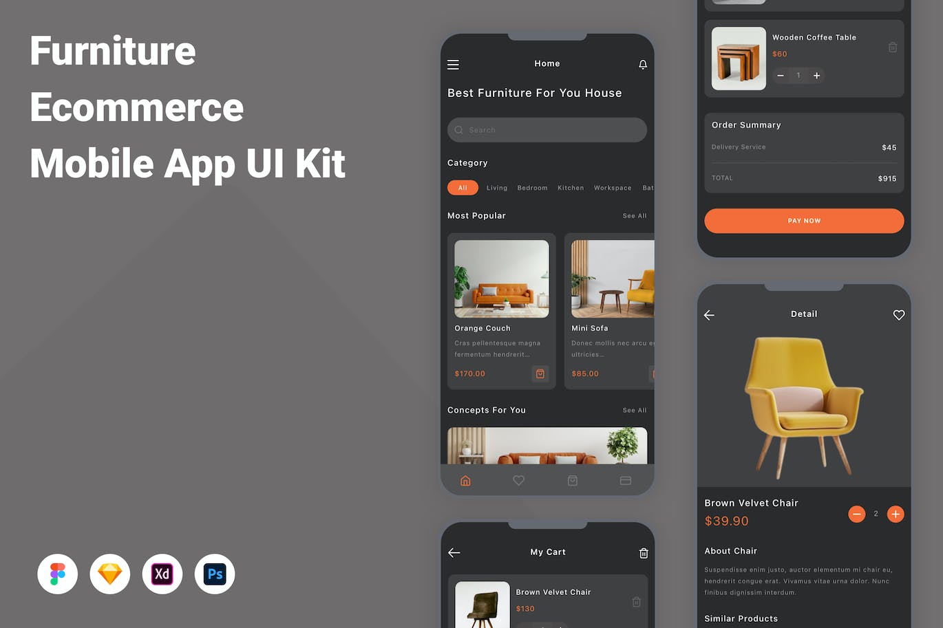 家具电子商务App手机应用程序UI设计素材 Furniture Ecommerce Mobile App UI Kit APP UI sucaiwan.com