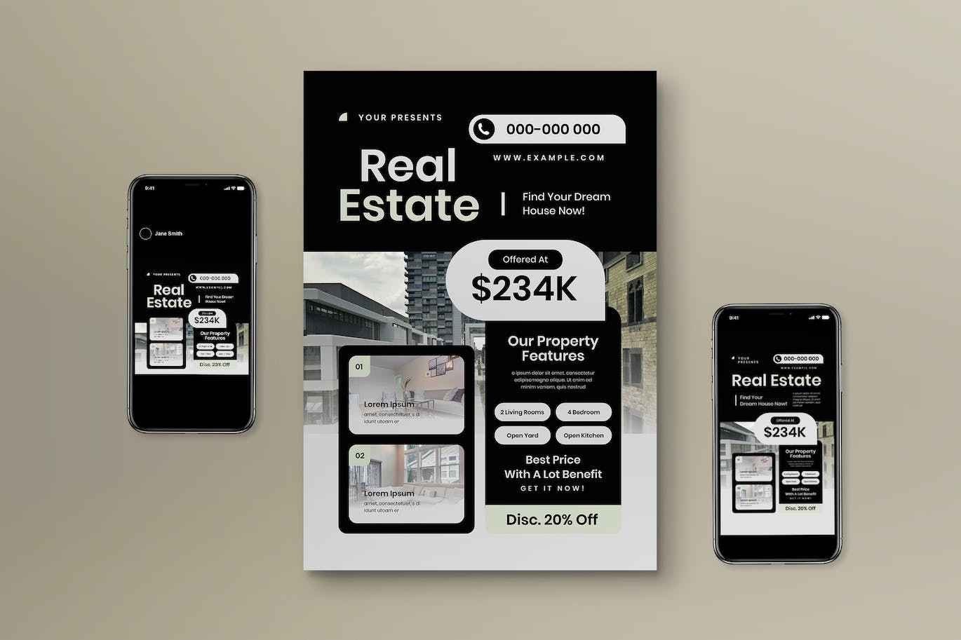 黑色几何图形房地产海报模板下载 Black Geometric Real Estate Flyer Set 设计素材 sucaiwan.com