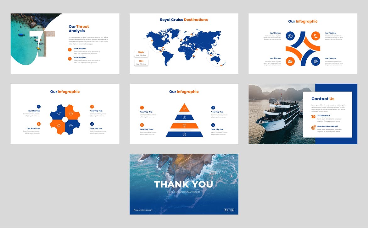 游轮航海旅行PPT模板 Royal Cruise – Cruise Ship Powerpoint Template 幻灯图表 sucaiwan.com