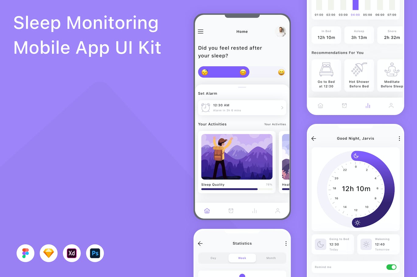 睡眠监测应用程序App界面设计UI套件 Sleep Monitoring Mobile App UI Kit APP UI sucaiwan.com