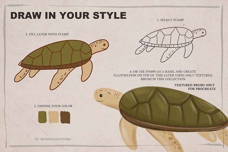 海洋动物卡通线描画Procreate和PS笔刷 笔刷资源 sucaiwan.com