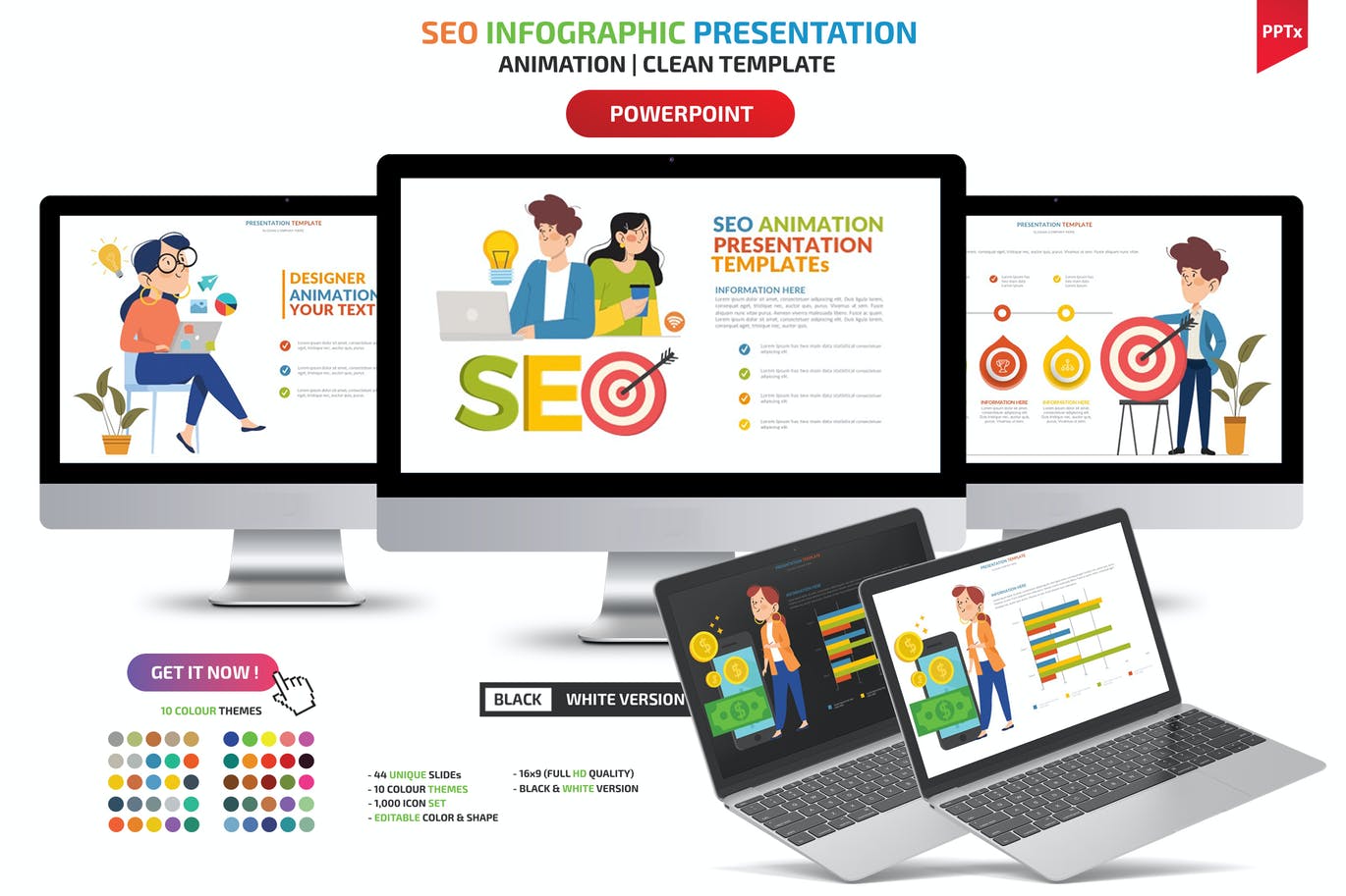 SEO动画图表PPT演示幻灯片模板 SEO Infographic Powerpoint Template 幻灯图表 sucaiwan.com
