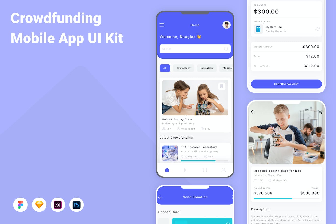 众筹应用程序App界面设计UI套件 Crowdfunding Mobile App UI Kit APP UI sucaiwan.com