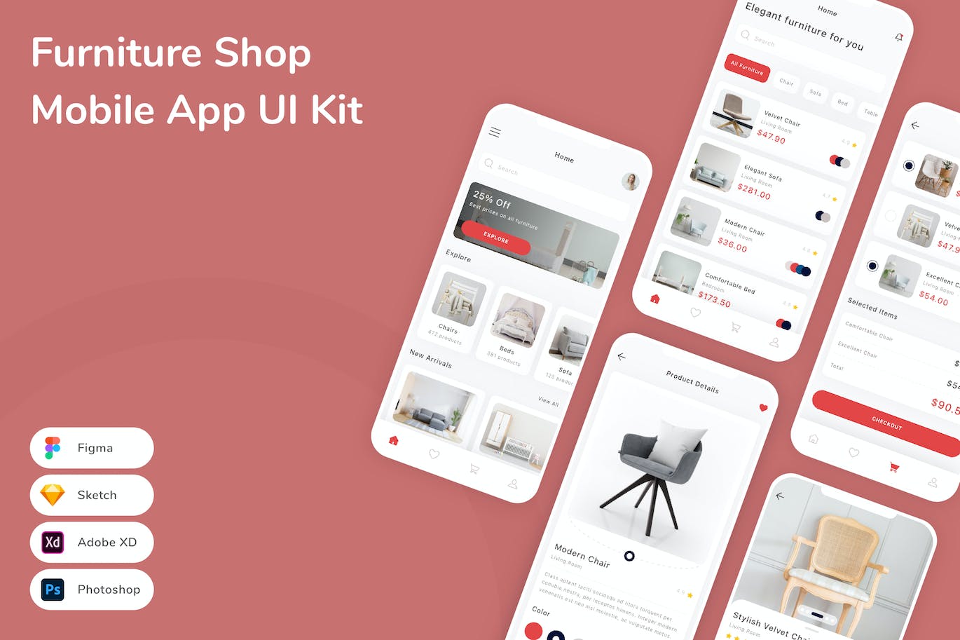 家具店App手机应用程序UI设计素材 Furniture Shop Mobile App UI Kit APP UI sucaiwan.com
