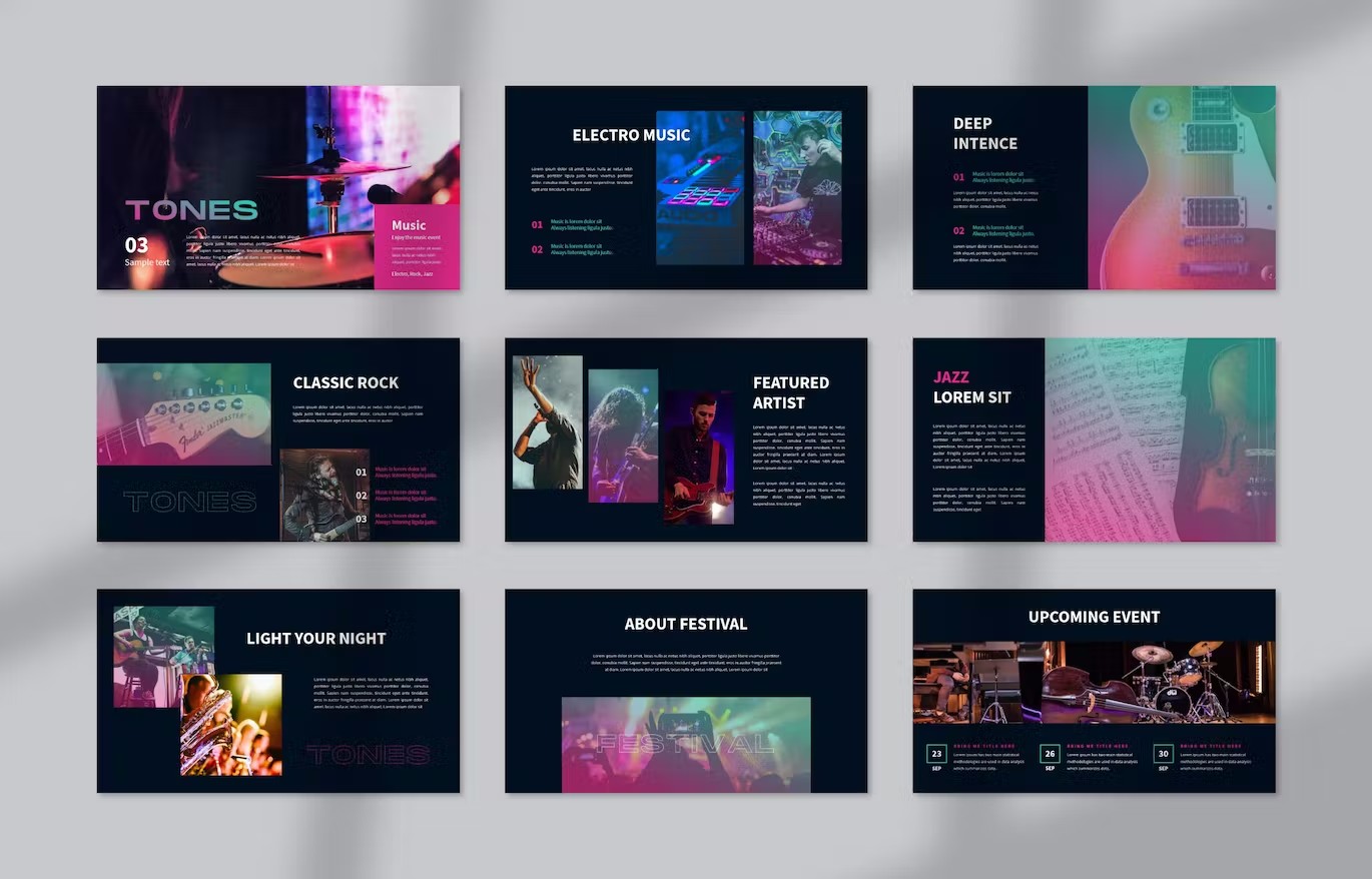 渐变主题音乐派对PPT幻灯片模板素材 Tones PowerPoint 幻灯图表 sucaiwan.com