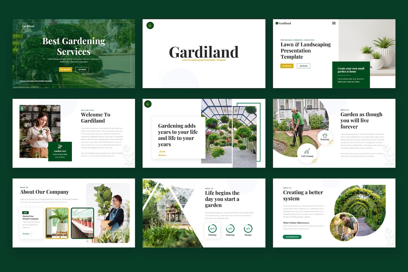 草坪和园林绿化PPT幻灯片设计模板 GARDILAND – Lawn & Landscaping Powerpoint Template 幻灯图表 sucaiwan.com