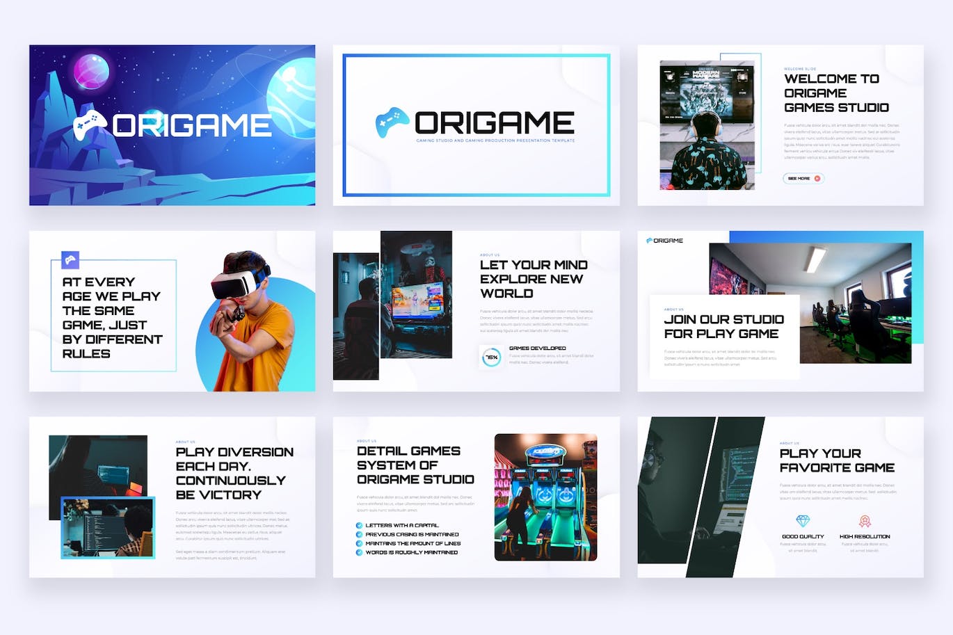 游戏制作工作室PPT模板下载 ORIGAME – Gaming Studio Powerpoint Template 幻灯图表 sucaiwan.com