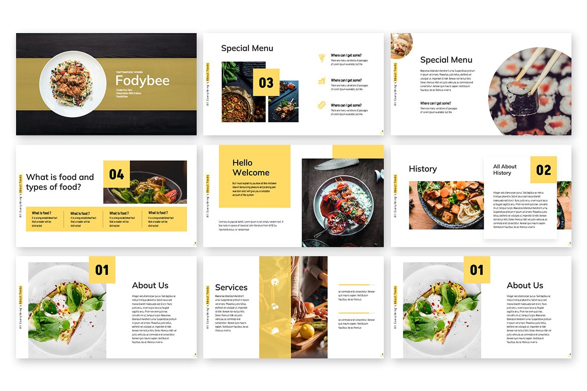 餐厅食品推广PowerPoint演示模板 Foodybee – Powerpoint Template 幻灯图表 sucaiwan.com