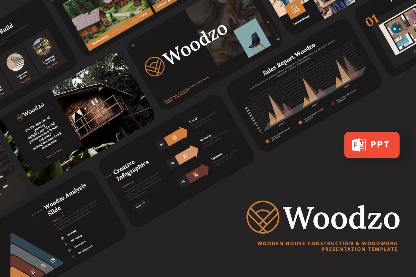 木屋房子建造PPT幻灯片模板下载 Woodzo – Wooden House Powerpoint Template 幻灯图表 sucaiwan.com