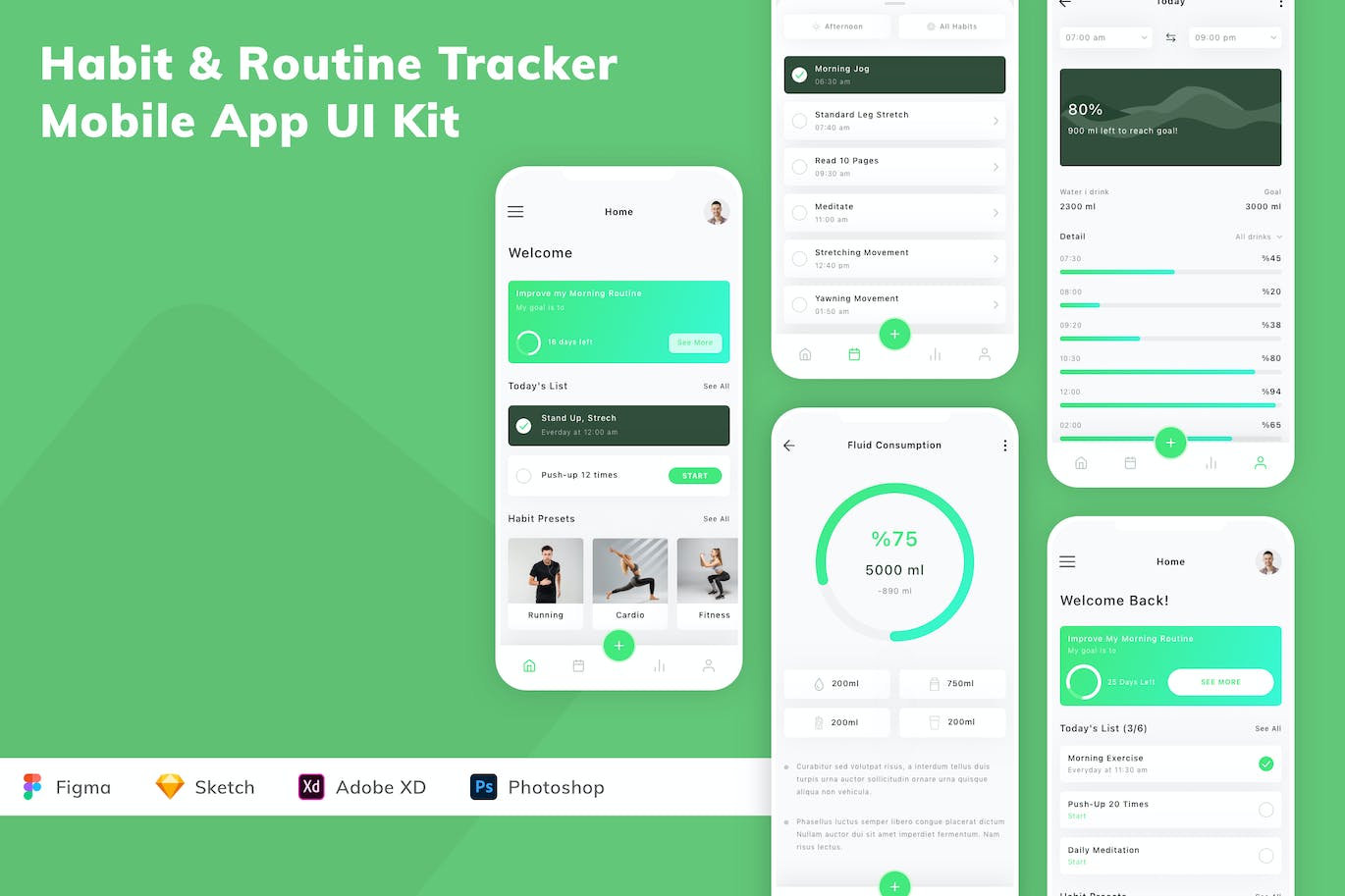 生活习惯和日常追踪App应用程序UI设计模板套件 Habit & Routine Tracker Mobile App UI Kit APP UI sucaiwan.com