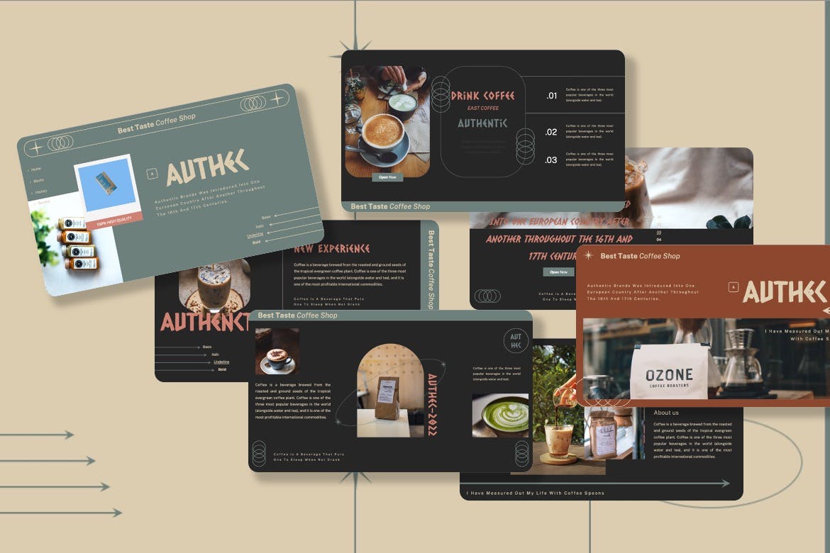 咖啡品牌PPT素材 Authec – Authentic Brands Powerpoint Template 幻灯图表 sucaiwan.com