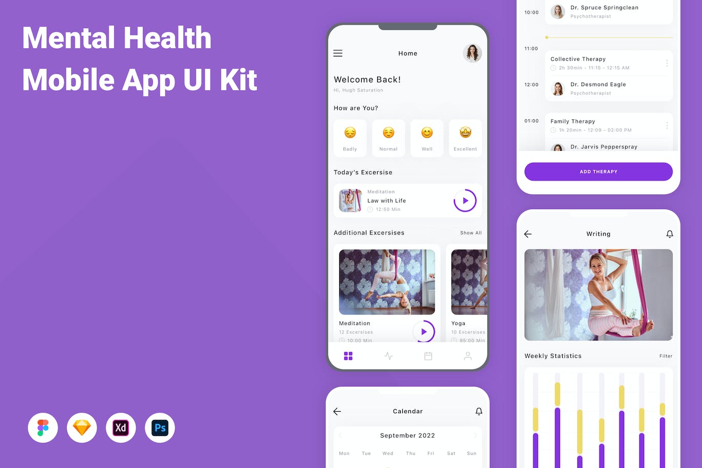 心理健康App应用程序UI设计模板套件 Mental Health Mobile App UI Kit APP UI sucaiwan.com