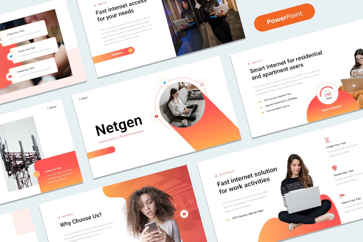 互联网提供商和电信PPT创意模板 Netgen – Internet Provider & Telecom PowerPoint 幻灯图表 sucaiwan.com