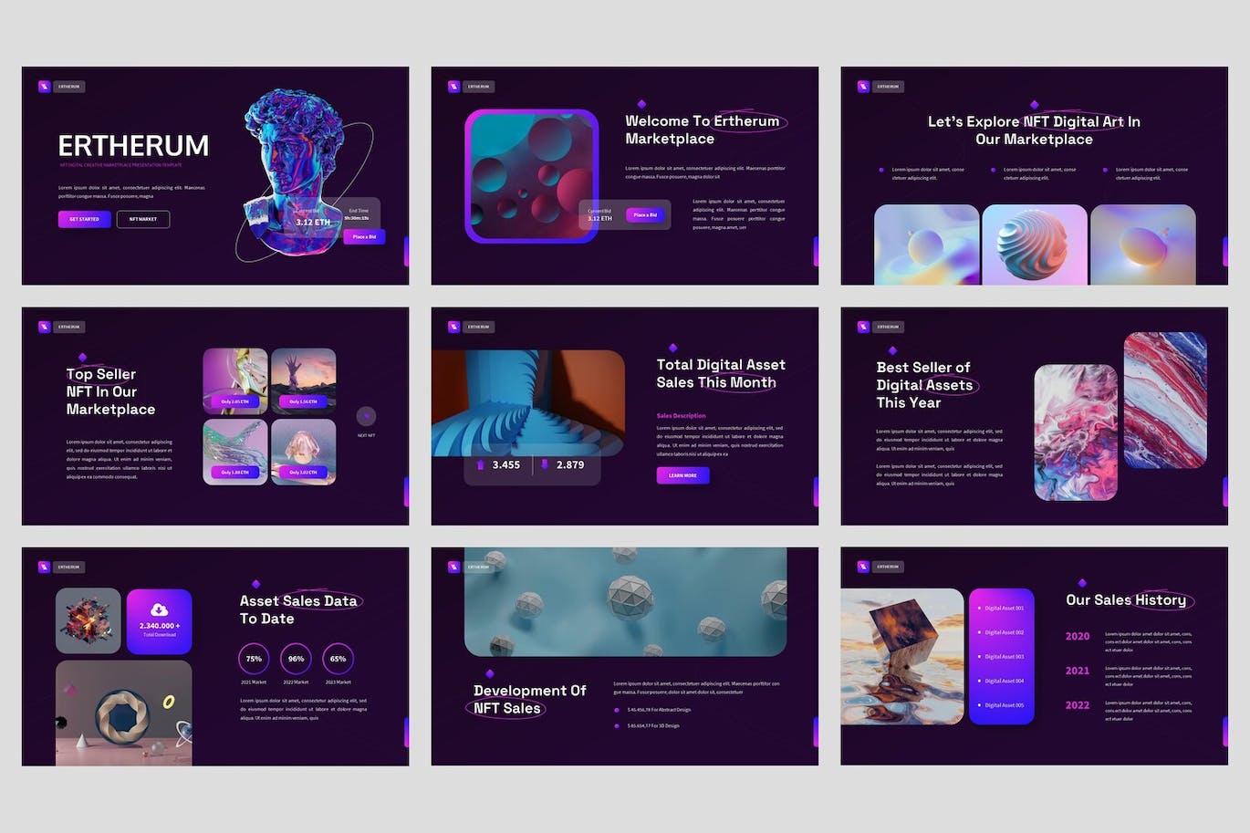 NFT数字创意市场PPT演示文稿 Ertherum – NFT Digital Powerpoint Template 幻灯图表 sucaiwan.com