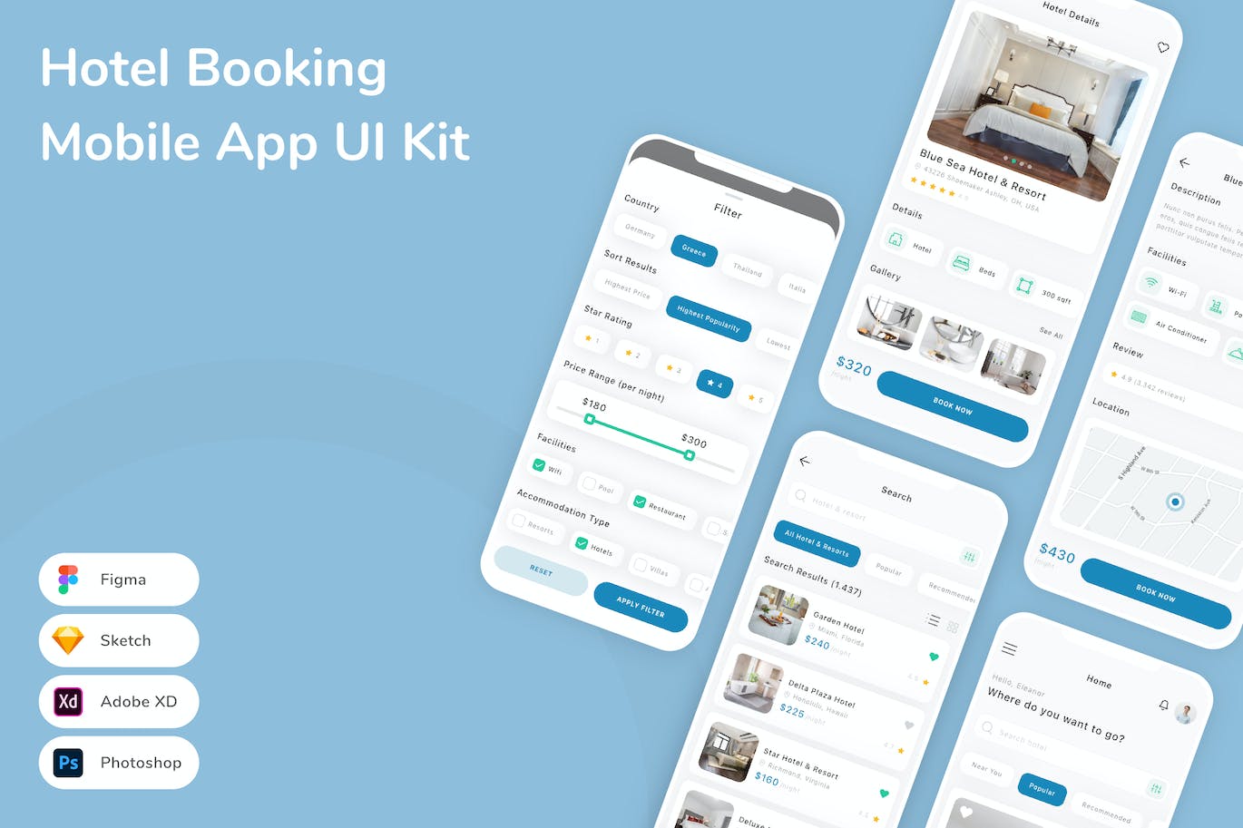 旅行酒店预订App应用程序UI设计模板套件 Hotel Booking Mobile App UI Kit APP UI sucaiwan.com
