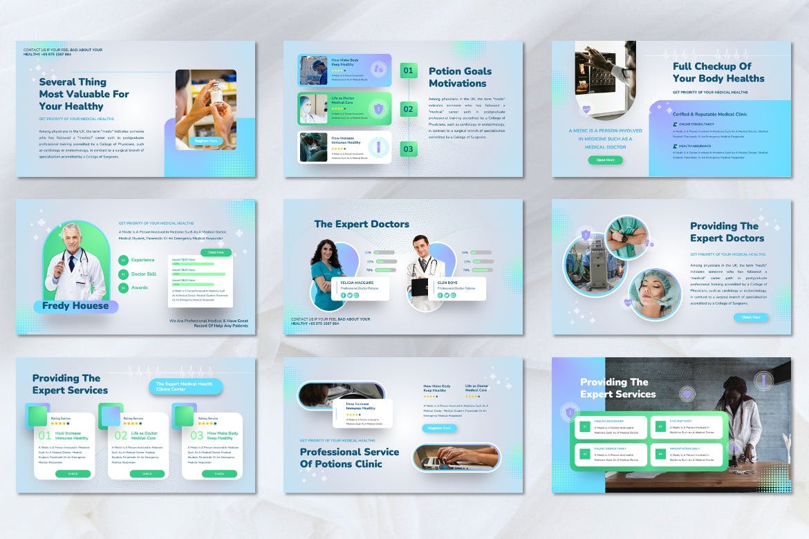 医疗保健PPT演示幻灯片模板 Potions – Medical & Healthcare Powerpoint Template 幻灯图表 sucaiwan.com
