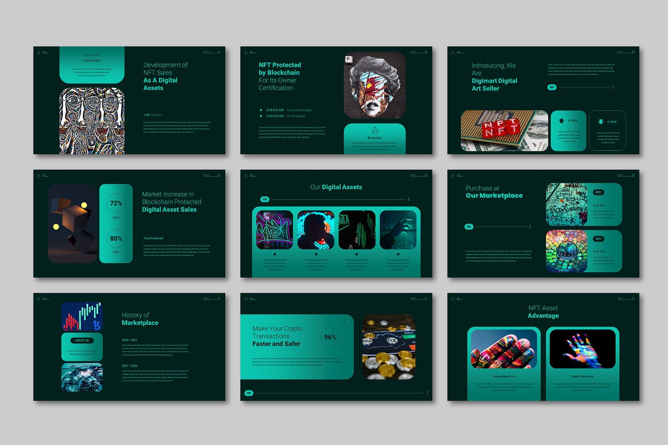 NFT数字市场PPT演示幻灯片模板 NFT Digital Marketplace Powerpoint 幻灯图表 sucaiwan.com