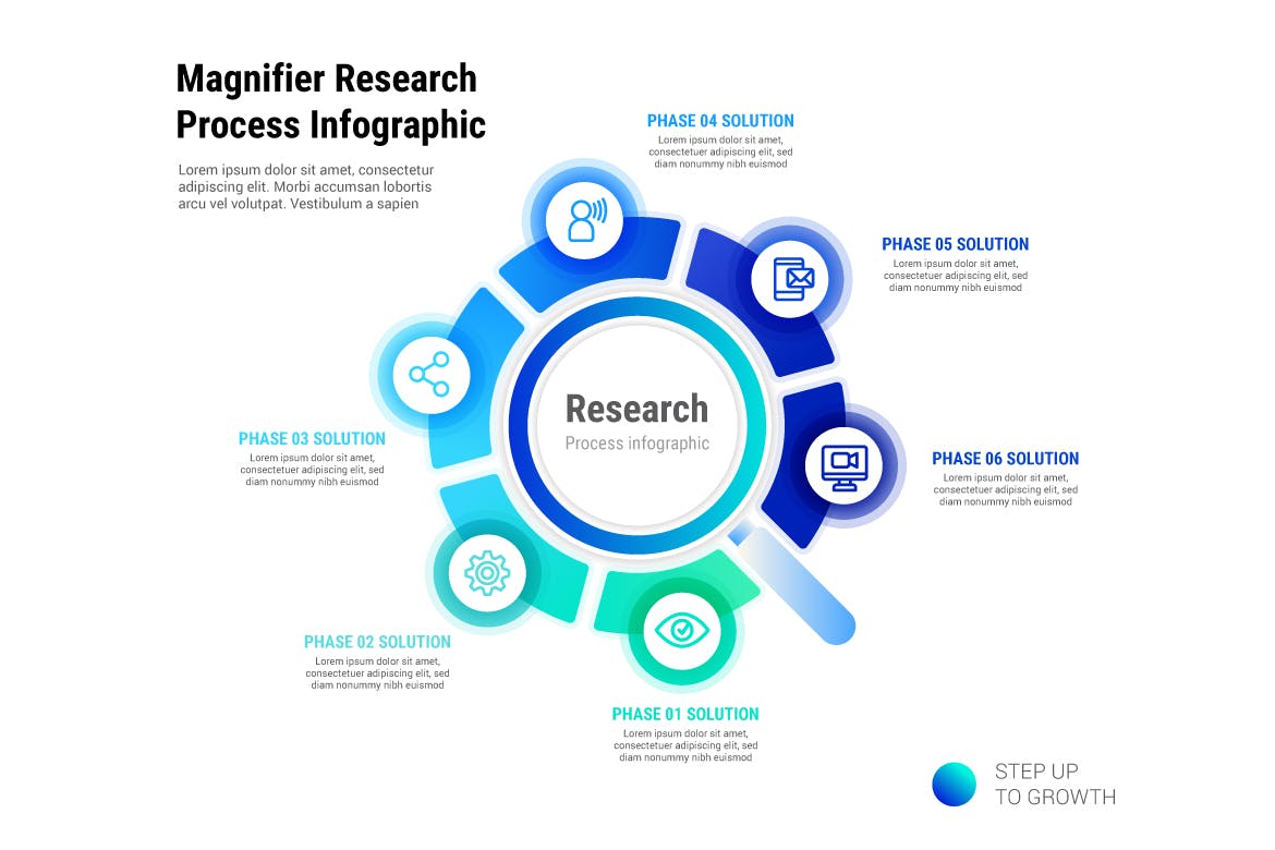 放大镜图形信息图表矢量模板 Magnifier Research Process Infographic 幻灯图表 sucaiwan.com