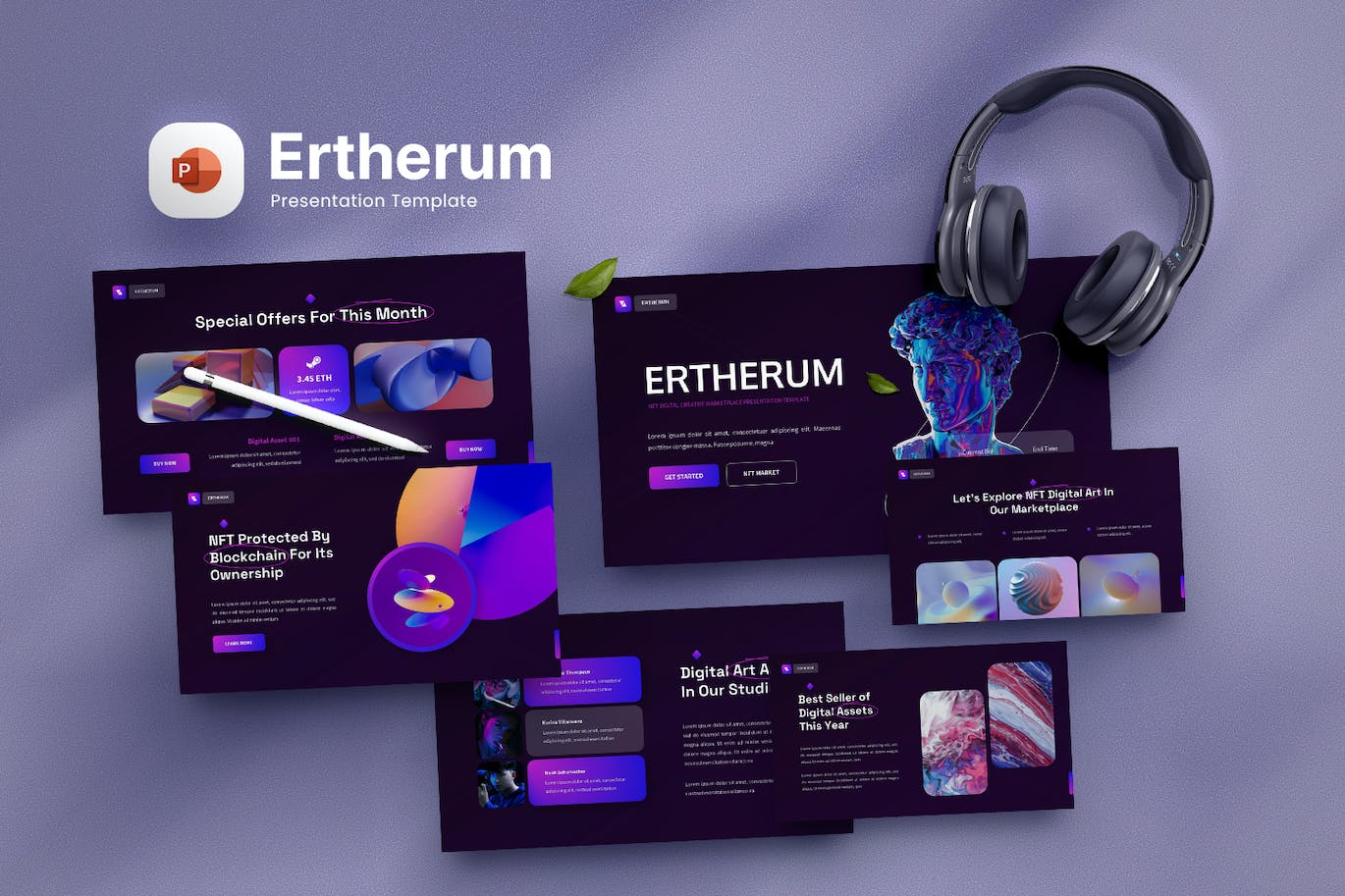 NFT数字创意市场PPT演示文稿 Ertherum – NFT Digital Powerpoint Template 幻灯图表 sucaiwan.com